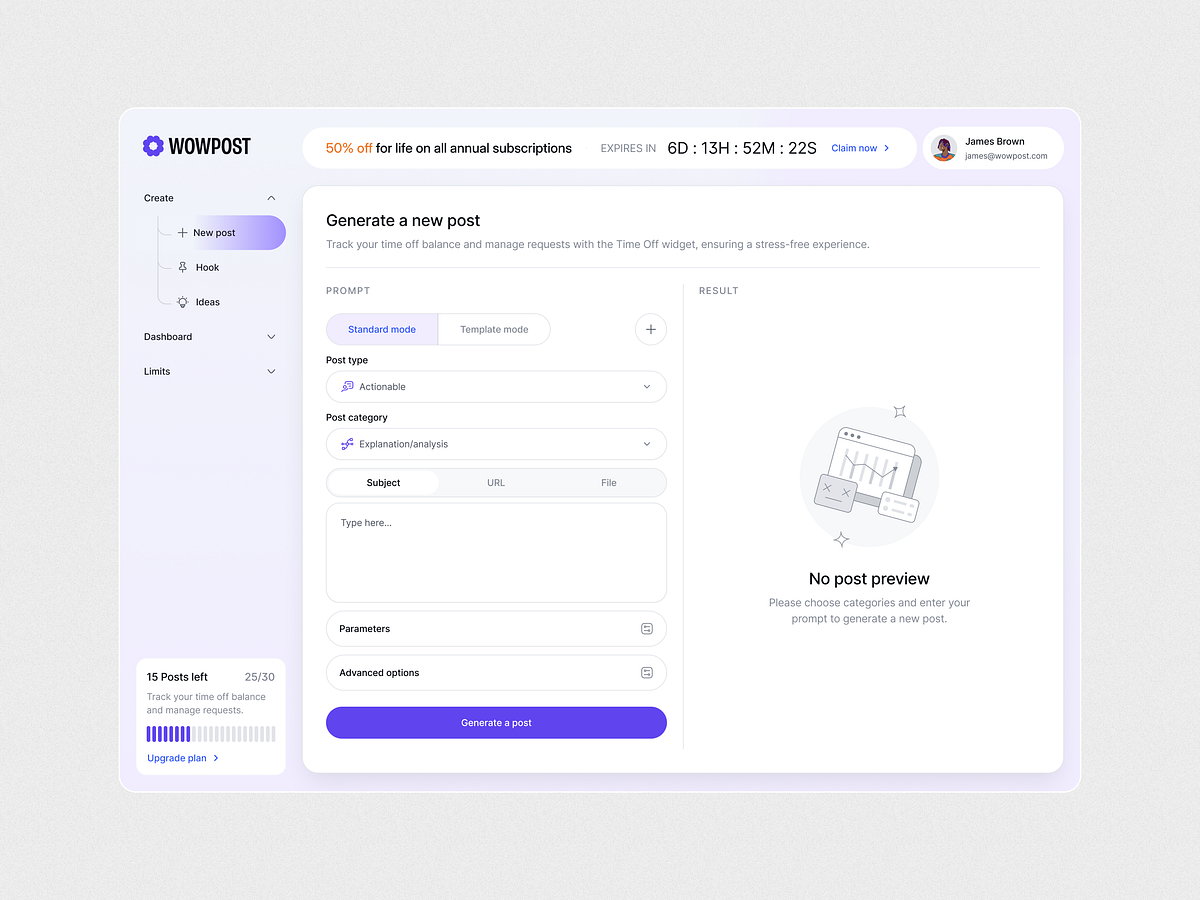 LinkedIn Content Generator | Web App Design | WoWPost