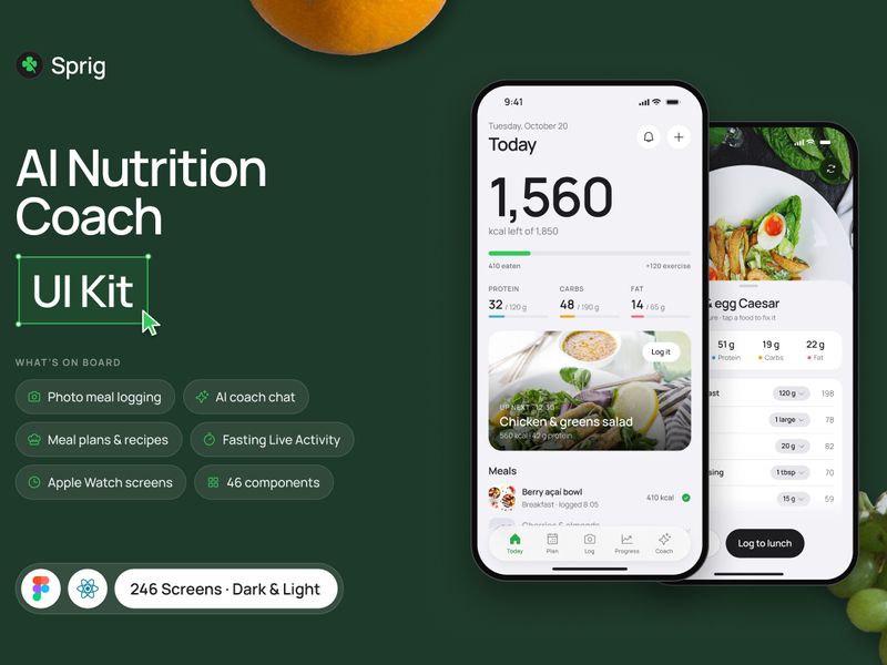 Sprig – AI Nutrition Coach App UI Kit - Mobile design asset by UI8