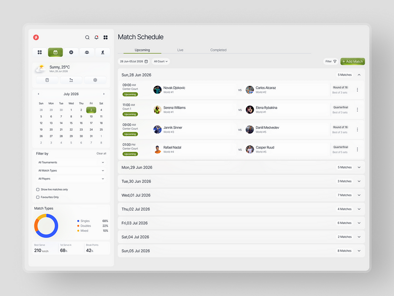 Deuce - Tennis Match Scheduling Dashboard UI Design