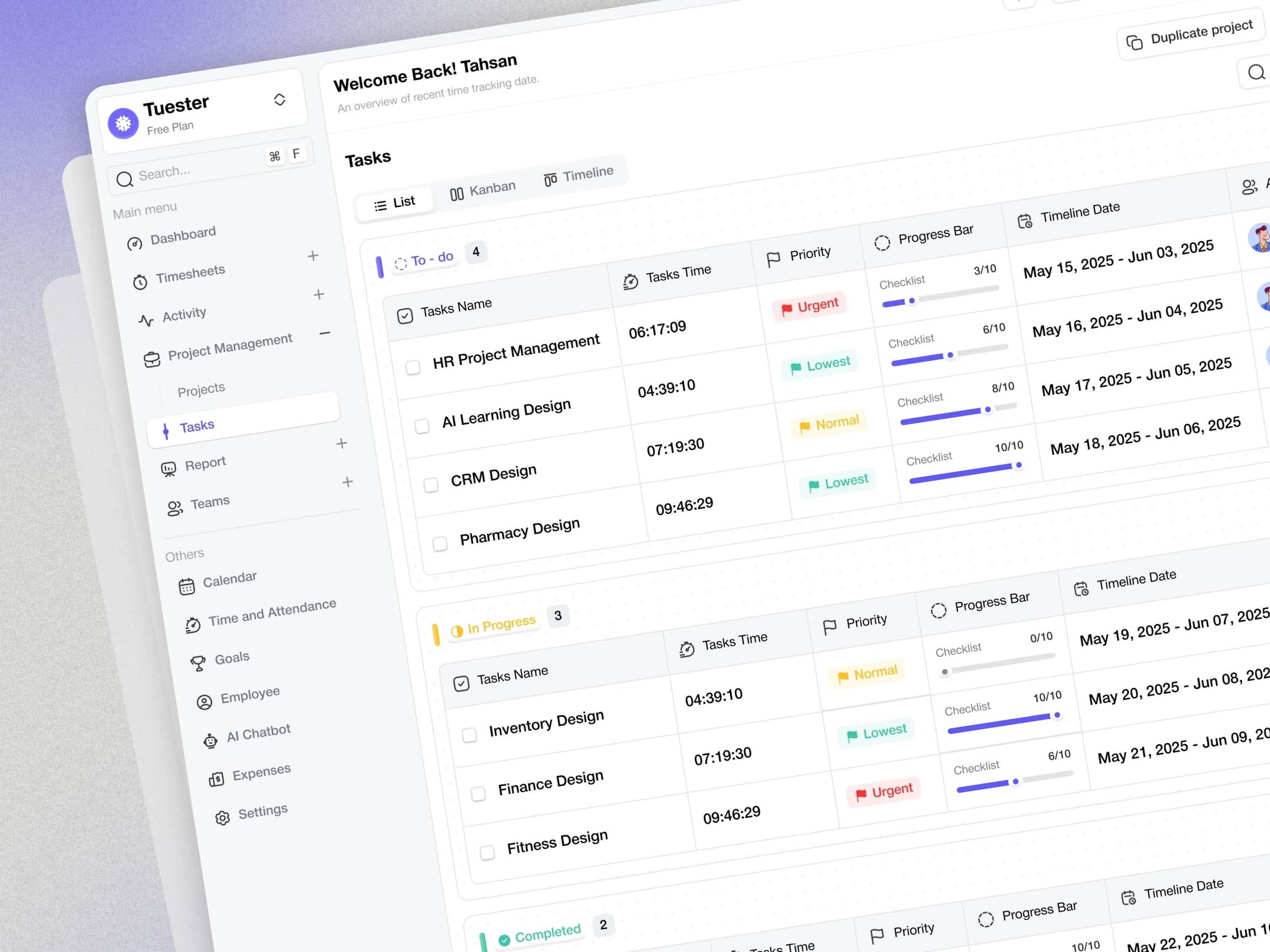 AI-Powered Time Tracking Tasks List Dashboard Design