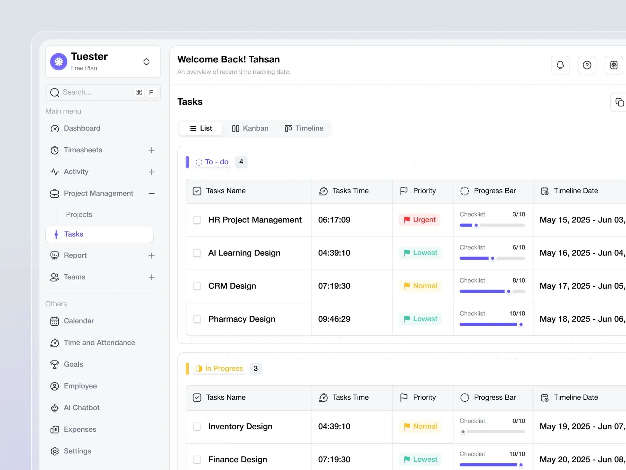 AI-Powered Time Tracking Tasks List Dashboard Design Image 0