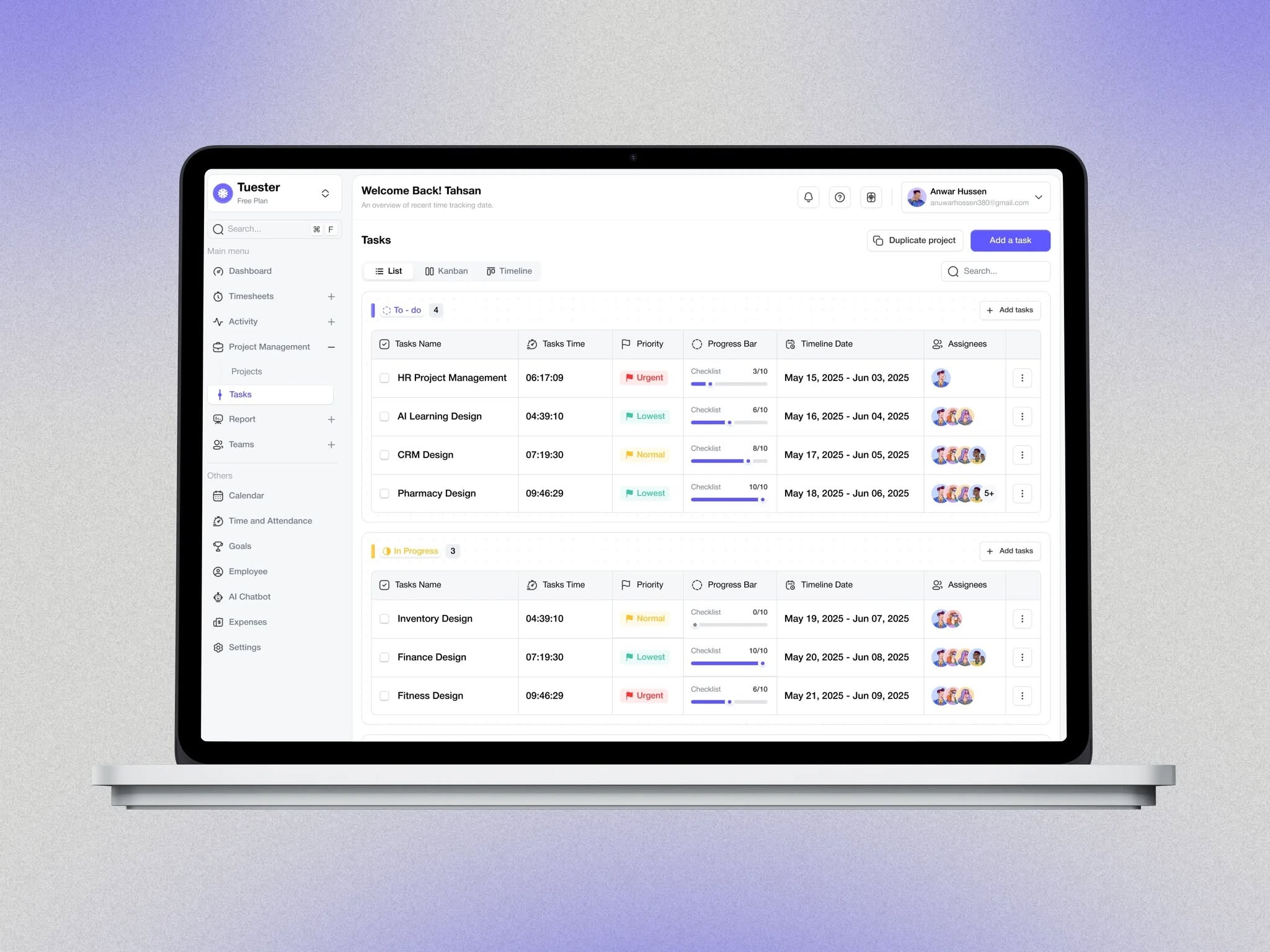 AI-Powered Time Tracking Tasks List Dashboard Design Image 1