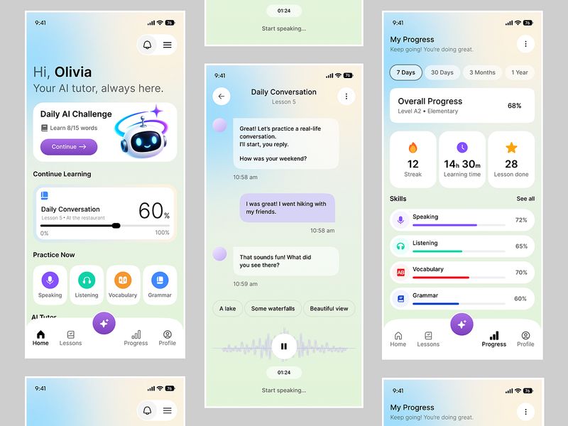 English Learning App UI UX | AI Tutor & Progress Tracking