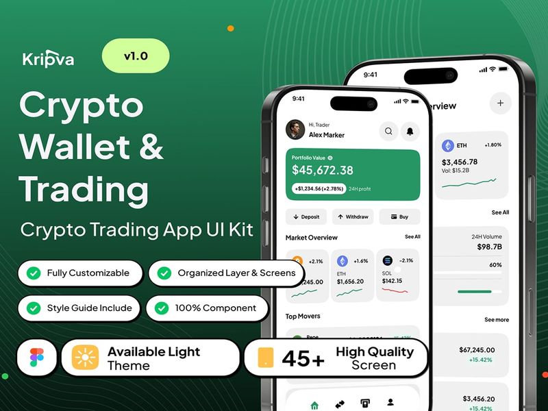 Kripva – Crypto Wallet & Trading App UI Kit - Mobile design asset by ui8