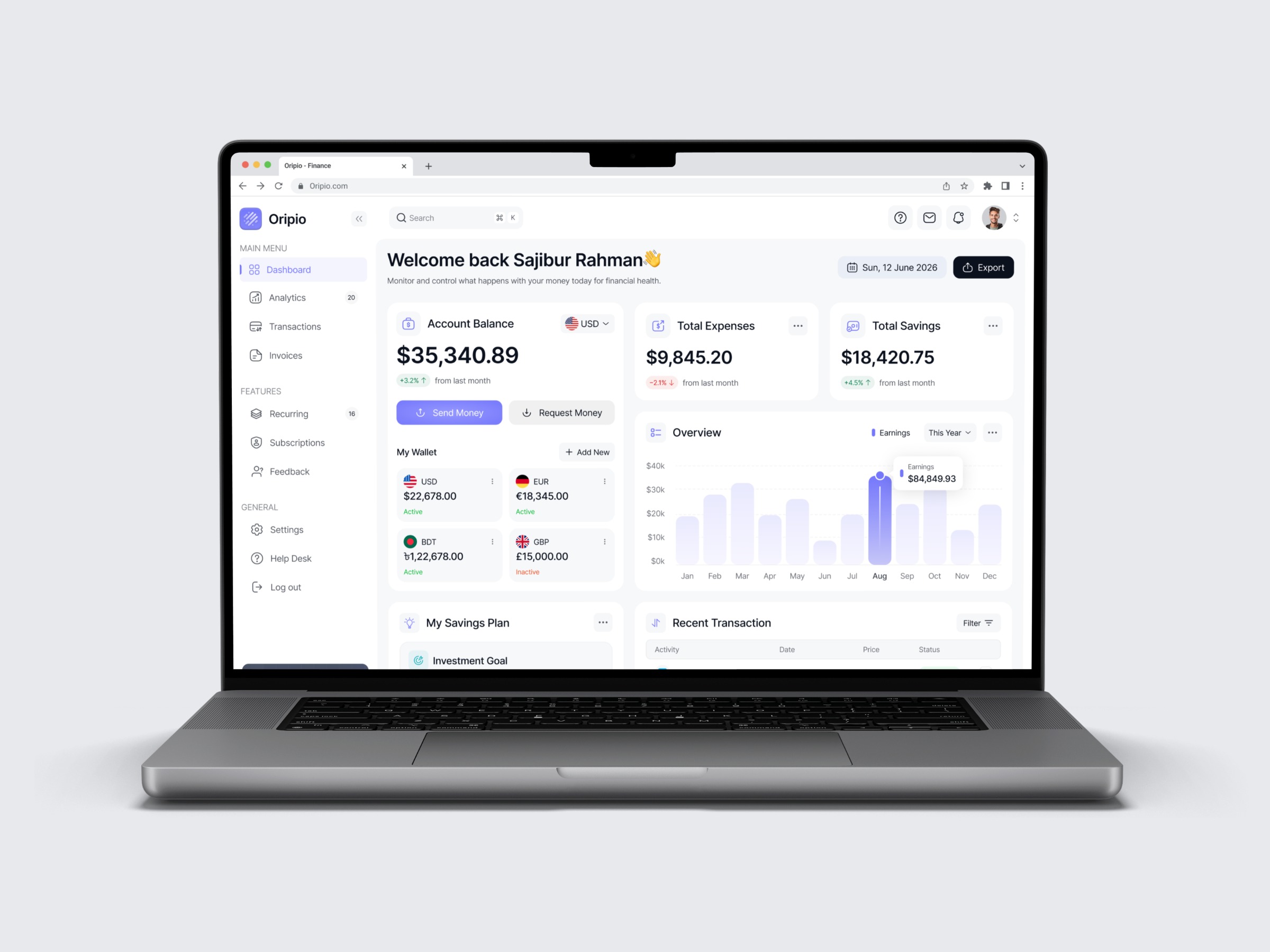 Dashboard for a Finance Product ✦ Oripio Image 3