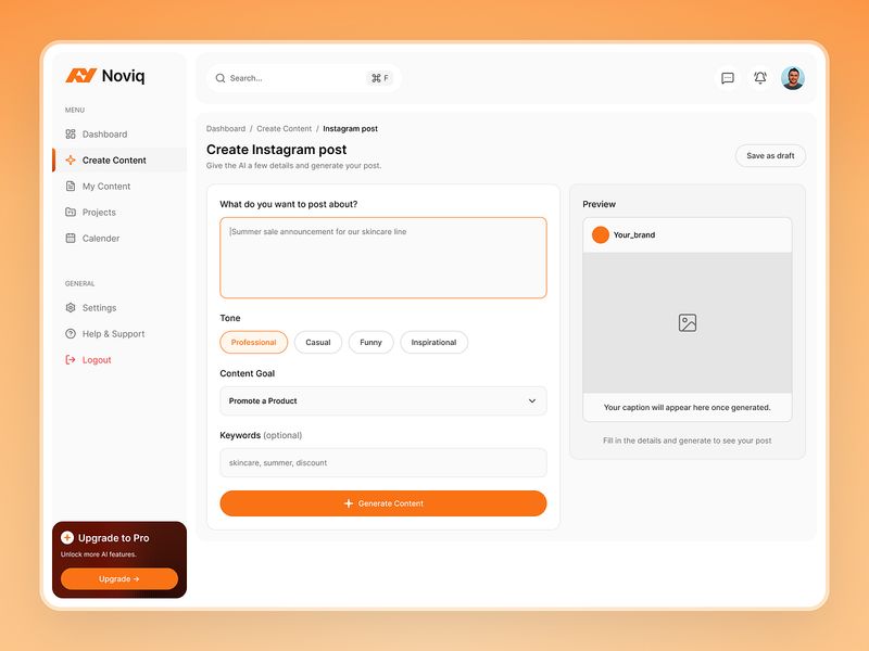 Noviq - AI Content Creation Flow - SaaS Dashboard UI