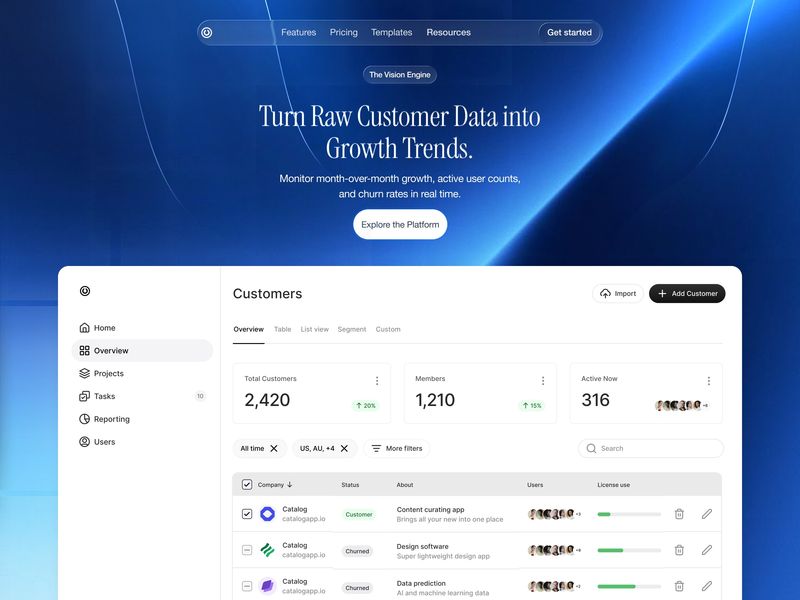 📈 Customer Analytics Hub — SaaS Hero & Dashboard UI