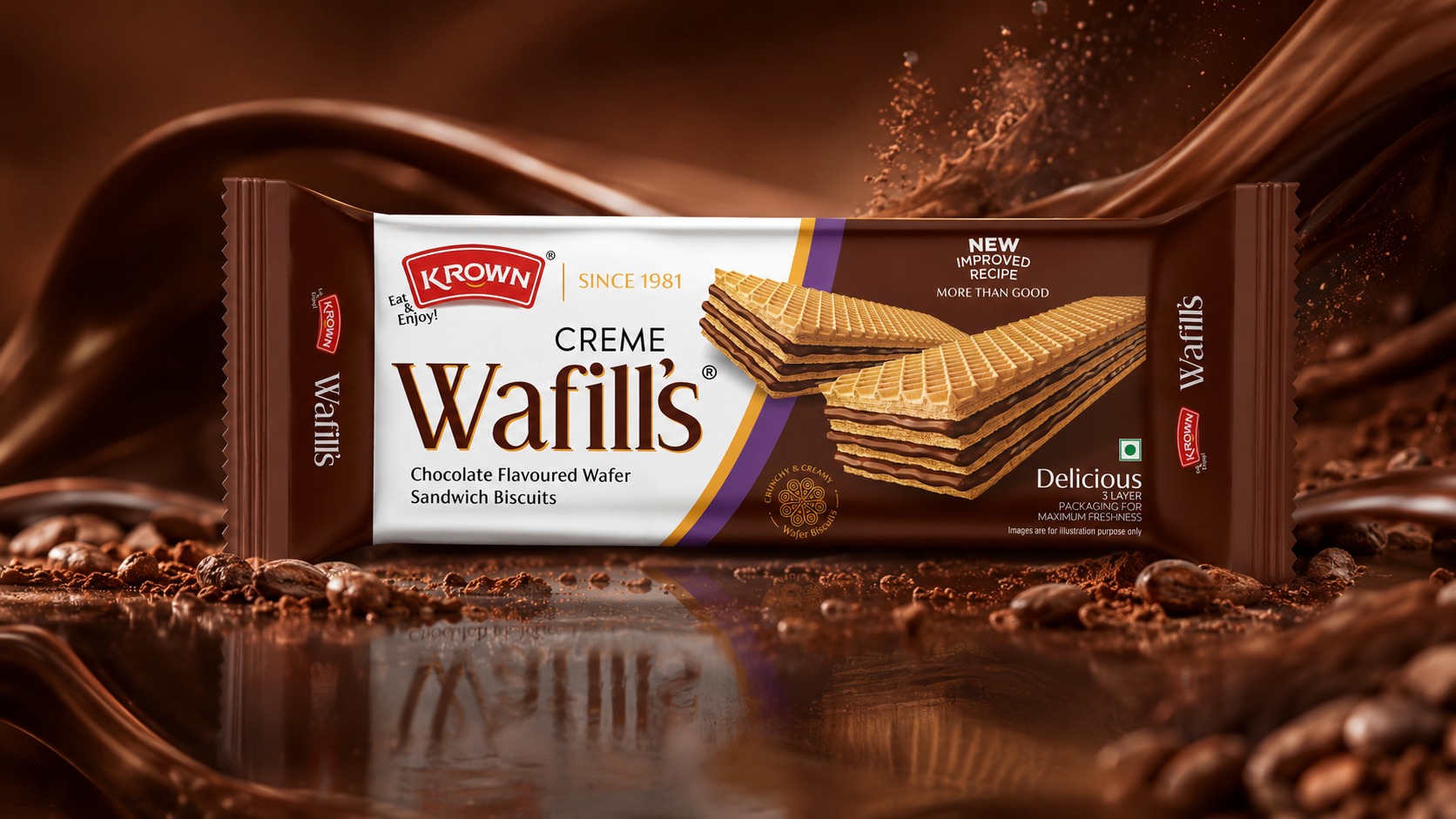 KROWN Wafills – Premium Wafer Sandwich Biscuit Packaging Image 1