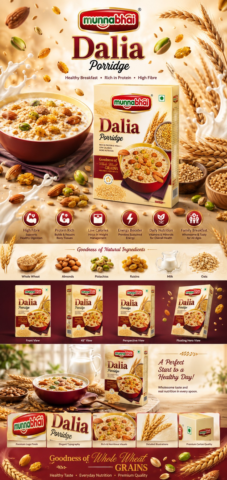 Munna Bhai Dalia Porridge Packaging Design for a Healthy Breakfast Brand Image 0