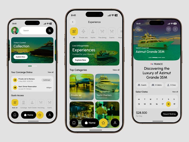 Luxury Travel App UI UX Private Jet, Yacht Charter & Fine Dining
