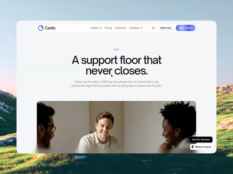 About page for CantoAI: Framer Template for AI SaaS & Agent Startups