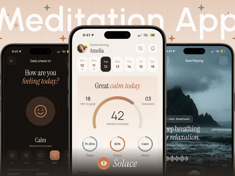 Solace – Meditation & Mindfulness App UI Kit - Mobile design asset by UI8