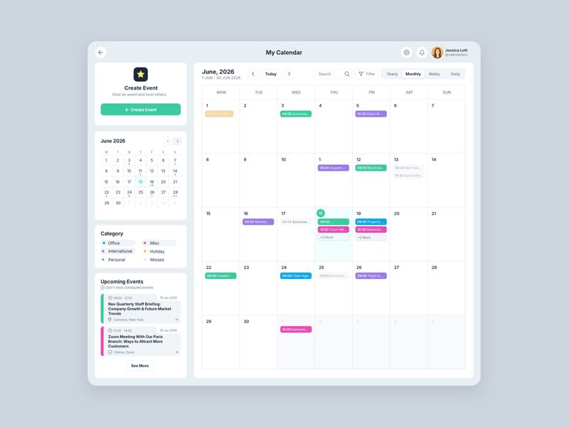Calendar Dashboard UI - June 2026 | Figma Freebie