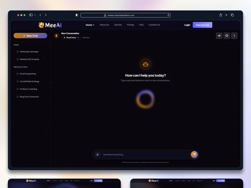 MeeAi – Futuristic AI SaaS & AI Chatbot Landing Page (Dark UI) 🤖✨