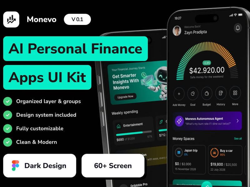 Monevo - AI Personal Finance Mobile App UI Kit - Portfolio, Mobile design asset by UI8