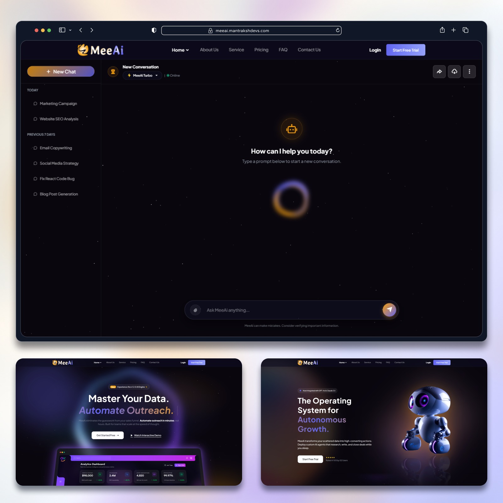 MeeAi – Futuristic AI SaaS & AI Chatbot Landing Page (Dark UI) 🤖✨