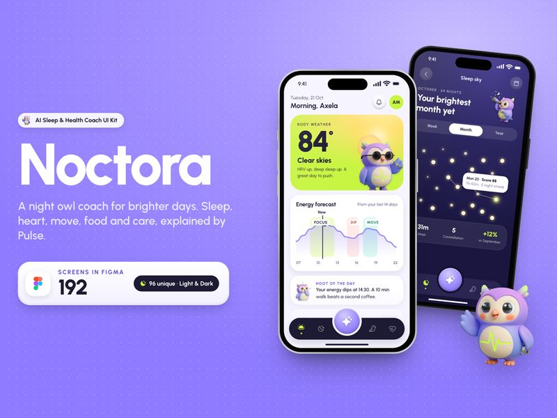 Noctora: AI Sleep & Health Coach iOS UI Kit (Dark & Light) - Mobile design asset by UI8