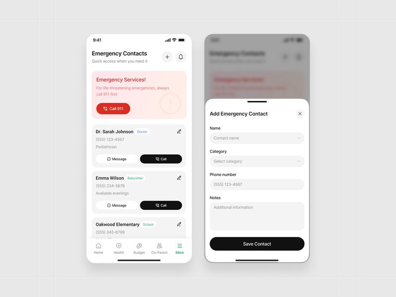 KidSync Co-Parenting App UI – Emergency Contacts & Add Emergency Contact Pages