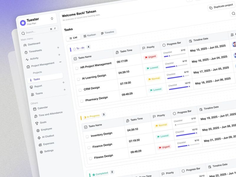 AI-Powered Time Tracking Tasks List Dashboard Design