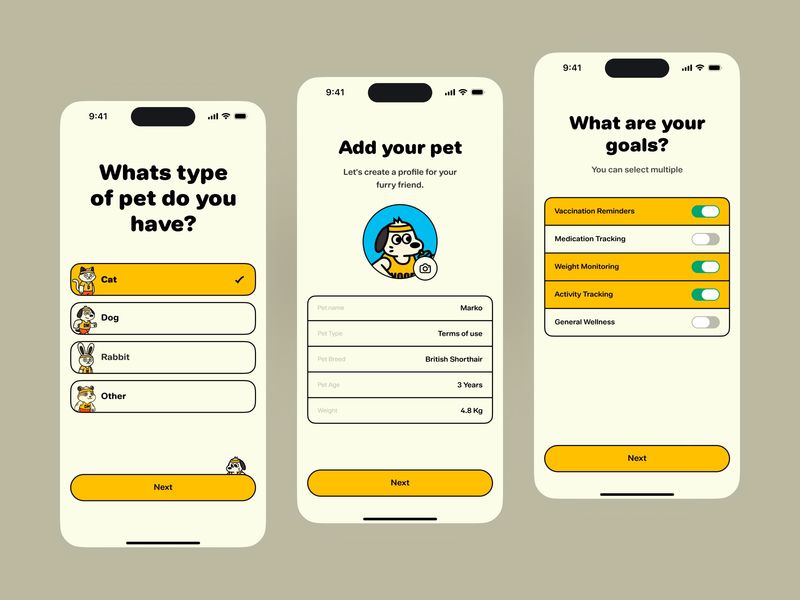 Pet Care App Profile Creation & Goals Onboarding UI