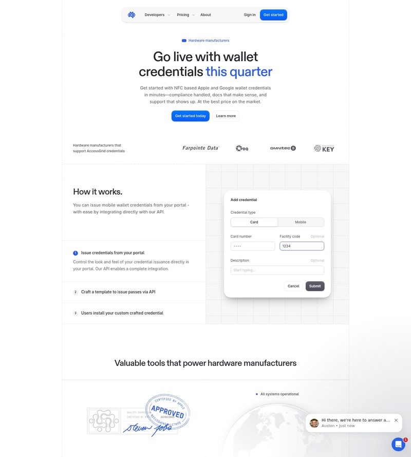 Screenshot taken from accessgrid.com/customers/hardware-manufacturers