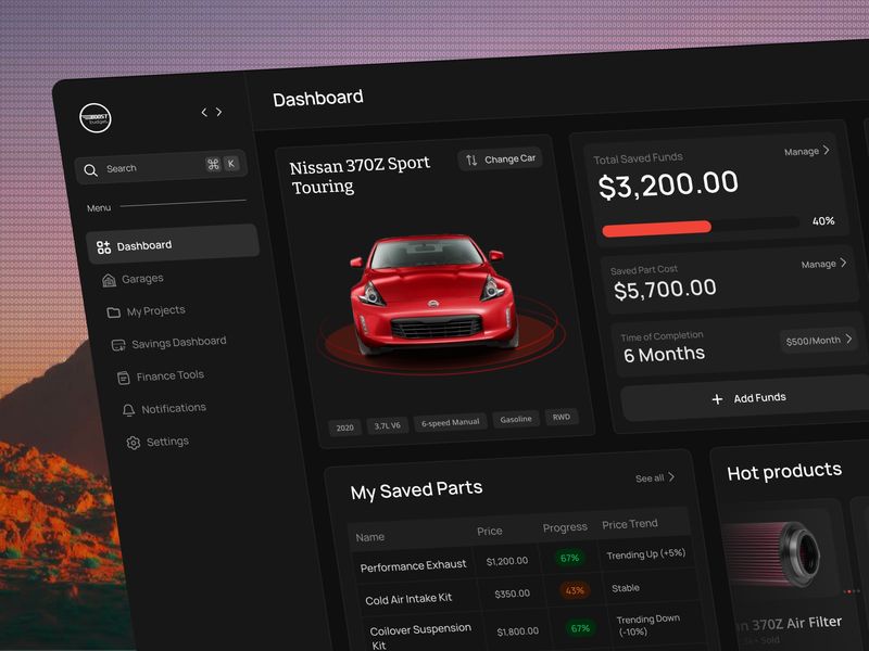 Car Build Savings & Project Tracker Dark Automotive Dashboard UI ⚙️