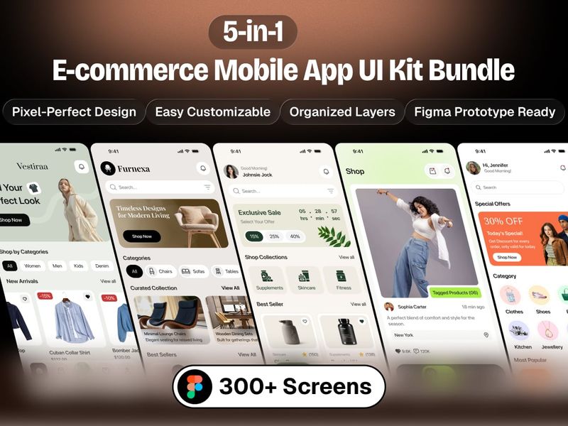 5-in-1 E-commerce Mobile App UI Kit Bundle - Ecommerce, Mobile design asset by ui8