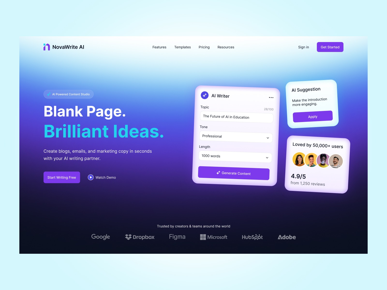 NovaWrite AI – AI Writing Tool SaaS Hero Section UI