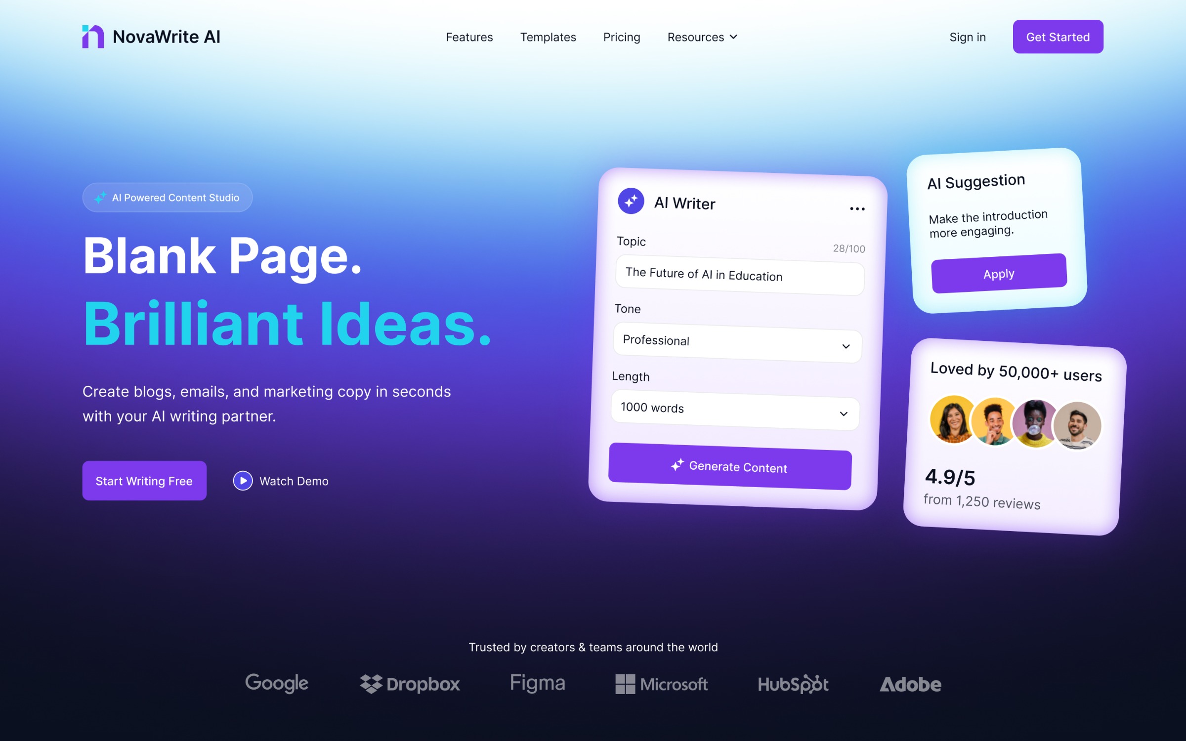 NovaWrite AI – AI Writing Tool SaaS Hero Section UI Image 0