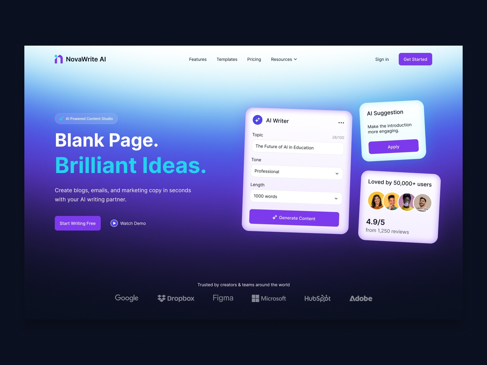NovaWrite AI – AI Writing Tool SaaS Hero Section UI Image 2