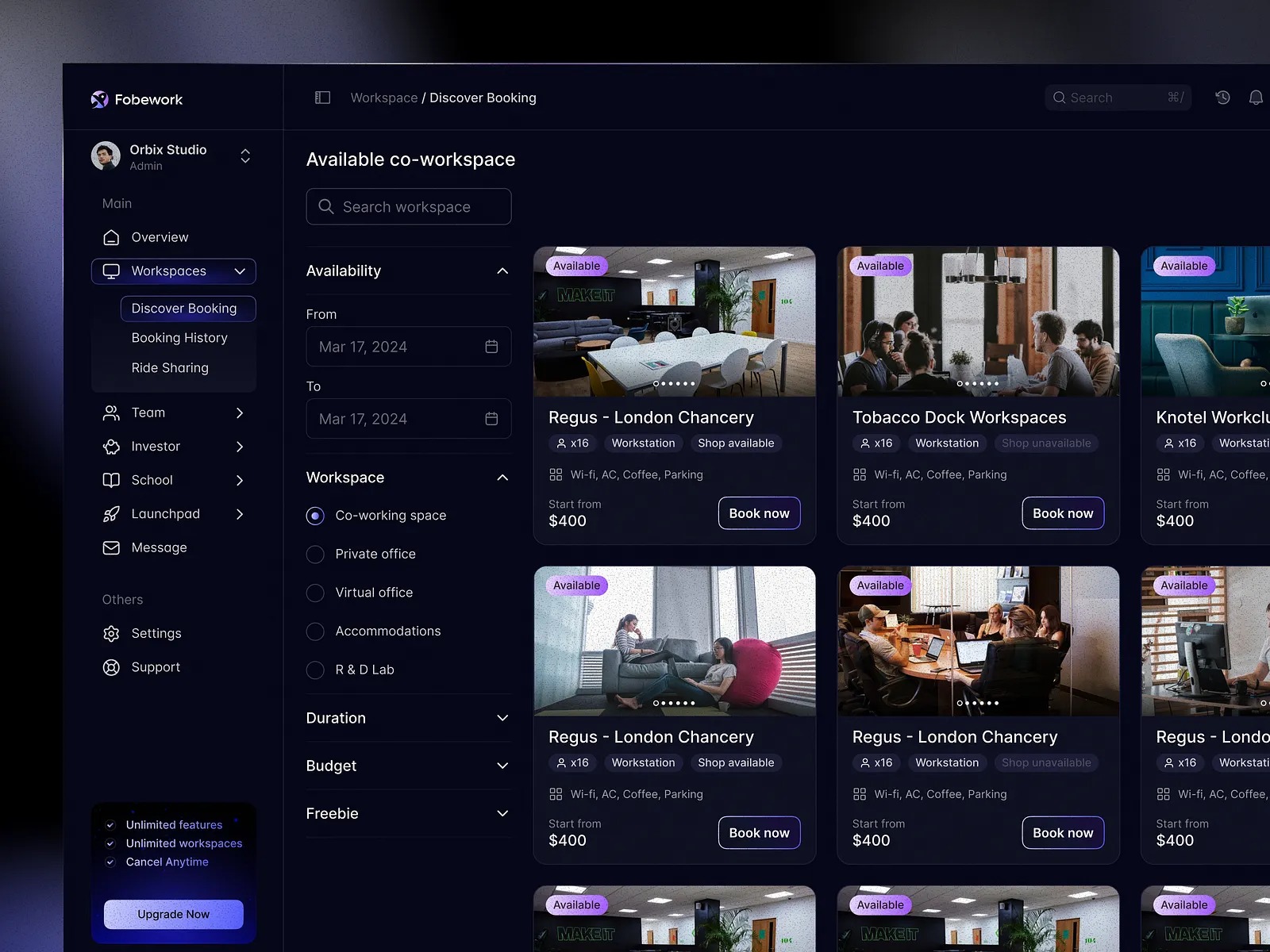 Fobework - Workspace Booking Dashboard Design