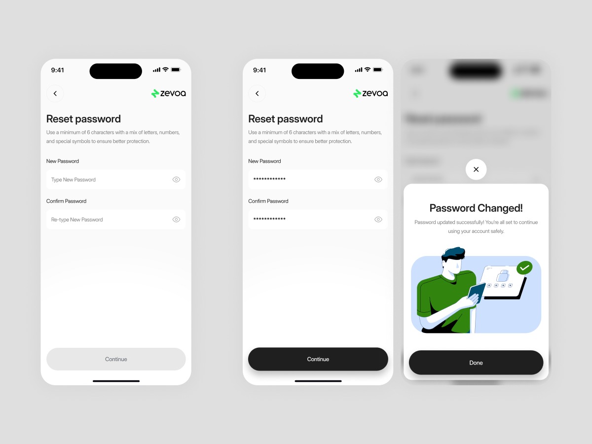 Zevoa Mobile App — Password Reset Flow Image 1