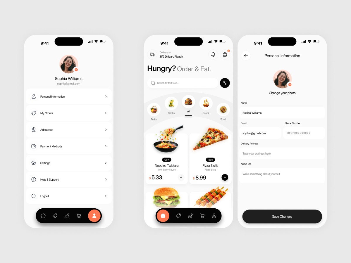 Modern Food Delivery App UI – Clean iOS Mobile Design with Profile & Ordering Flow Image 0