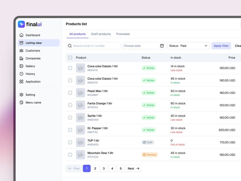 Admin Product List UI