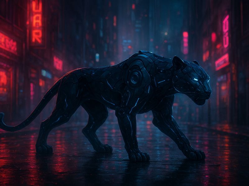 Cybernetic Panther in a Neon-Drenched Future City