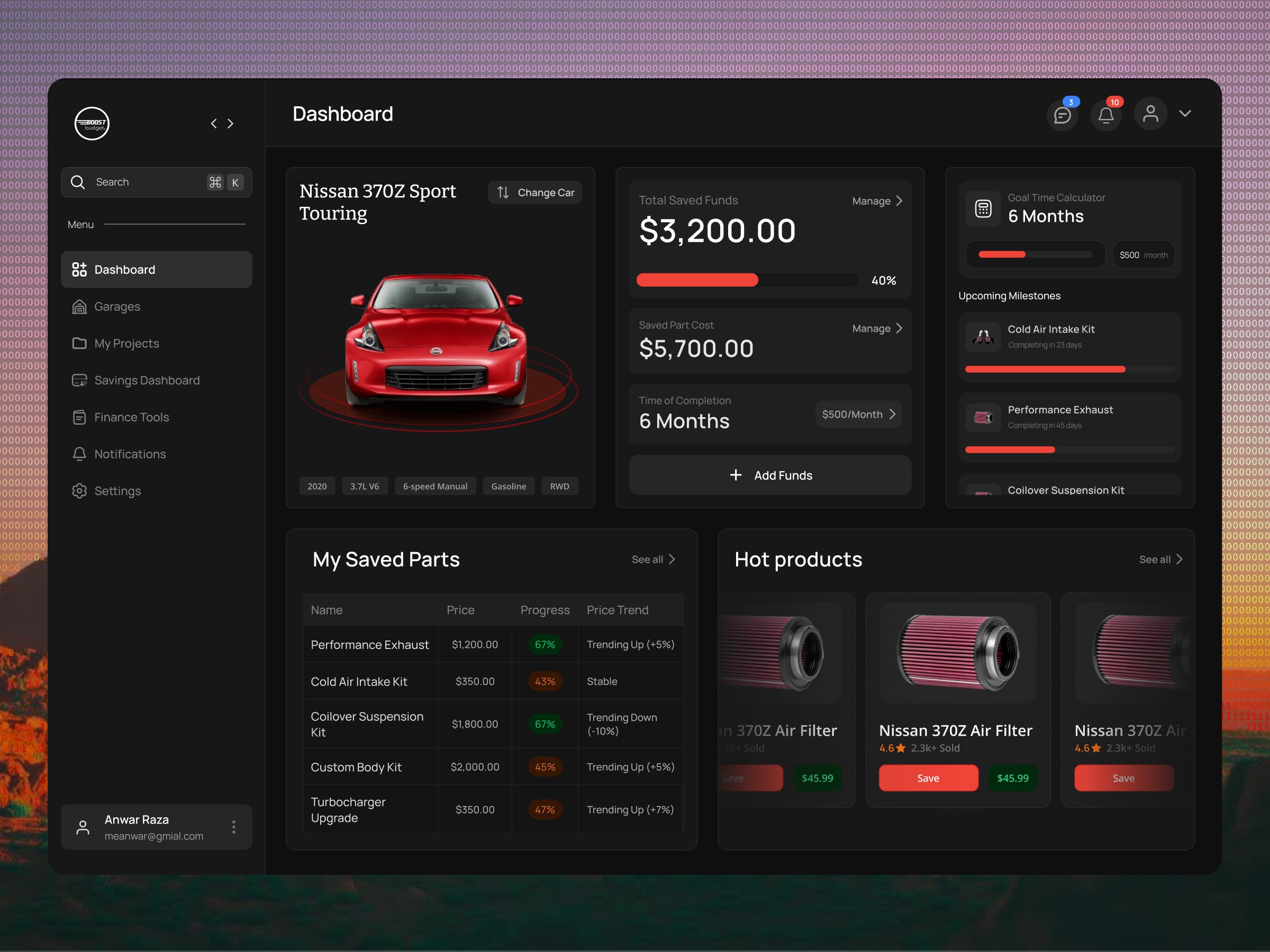 Car Build Savings & Project Tracker Dark Automotive Dashboard UI ⚙️ Image 0