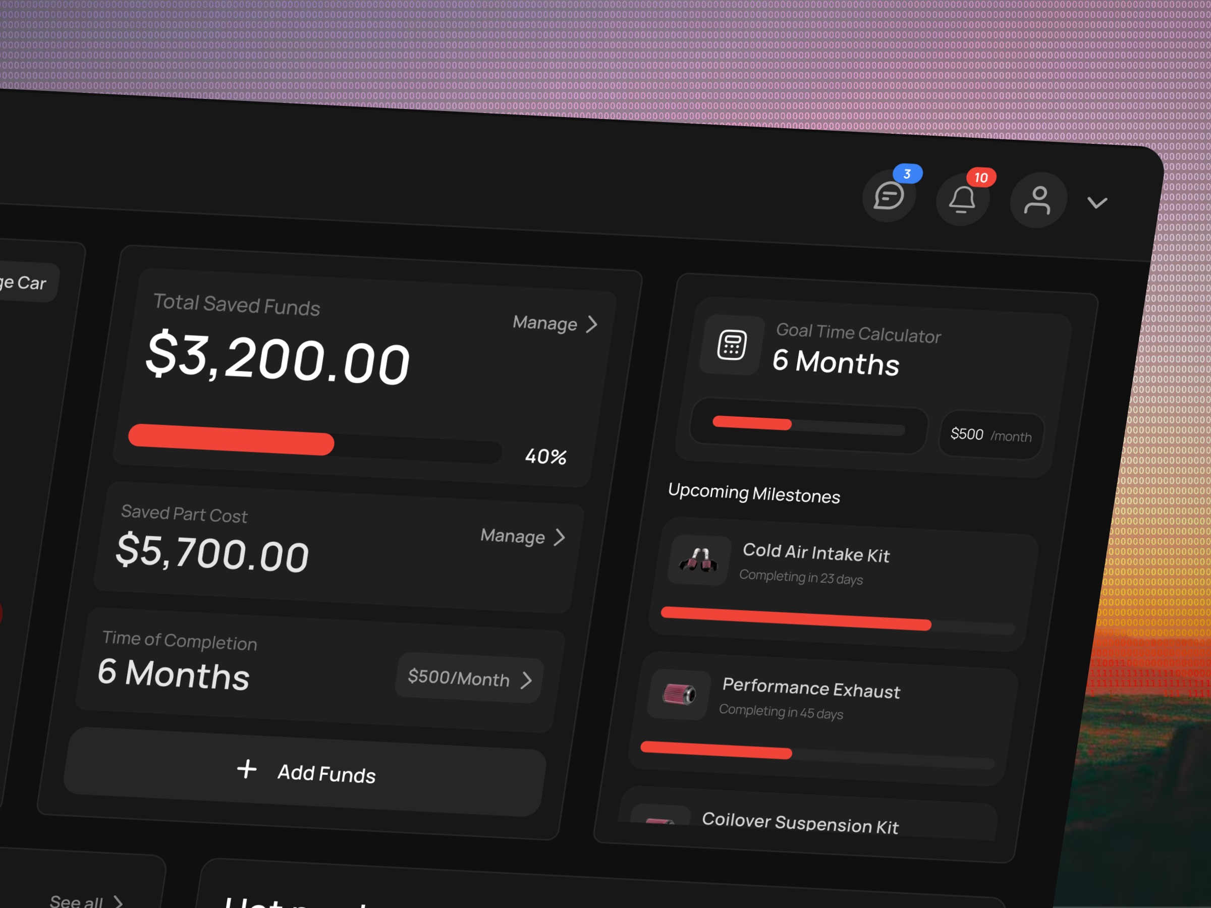 Car Build Savings & Project Tracker Dark Automotive Dashboard UI ⚙️ Image 1