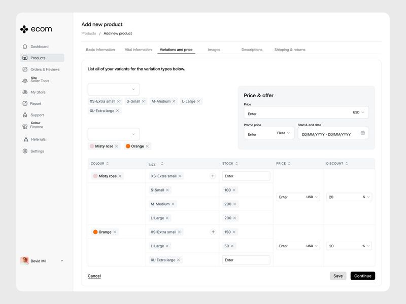 E-commerce Product Variations Management Dashboard UI