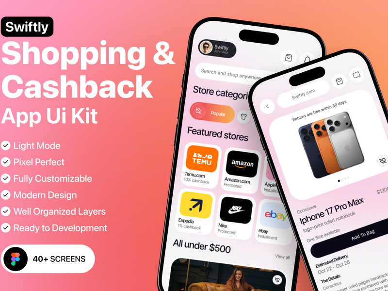 Swiftly – Shopping & Cashback App UI Kit - Ecommerce, Mobile design asset by ui8