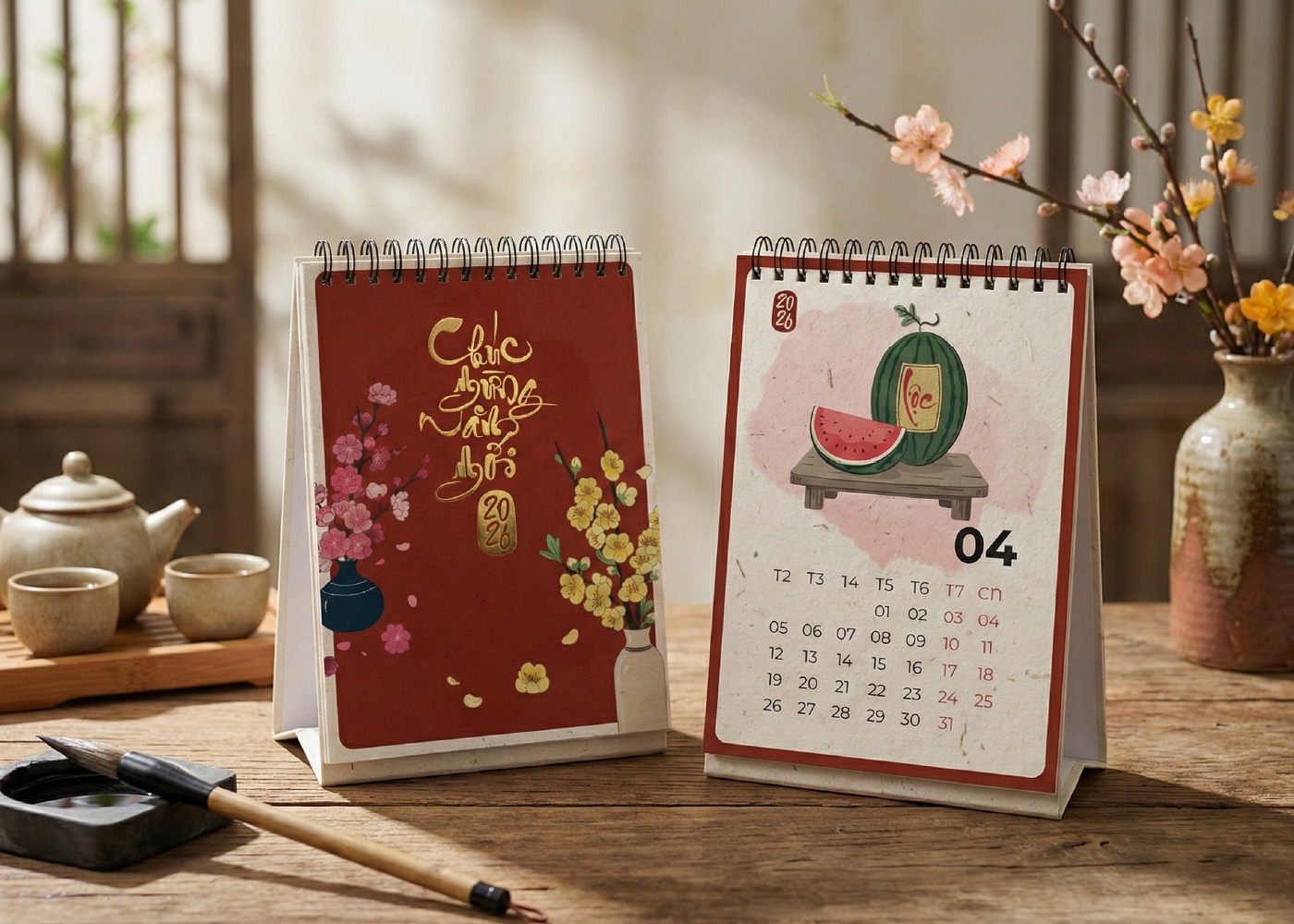 Vietnamese Lunar New Year Desk Calendar Traditional Tet Illustration Set Image 1