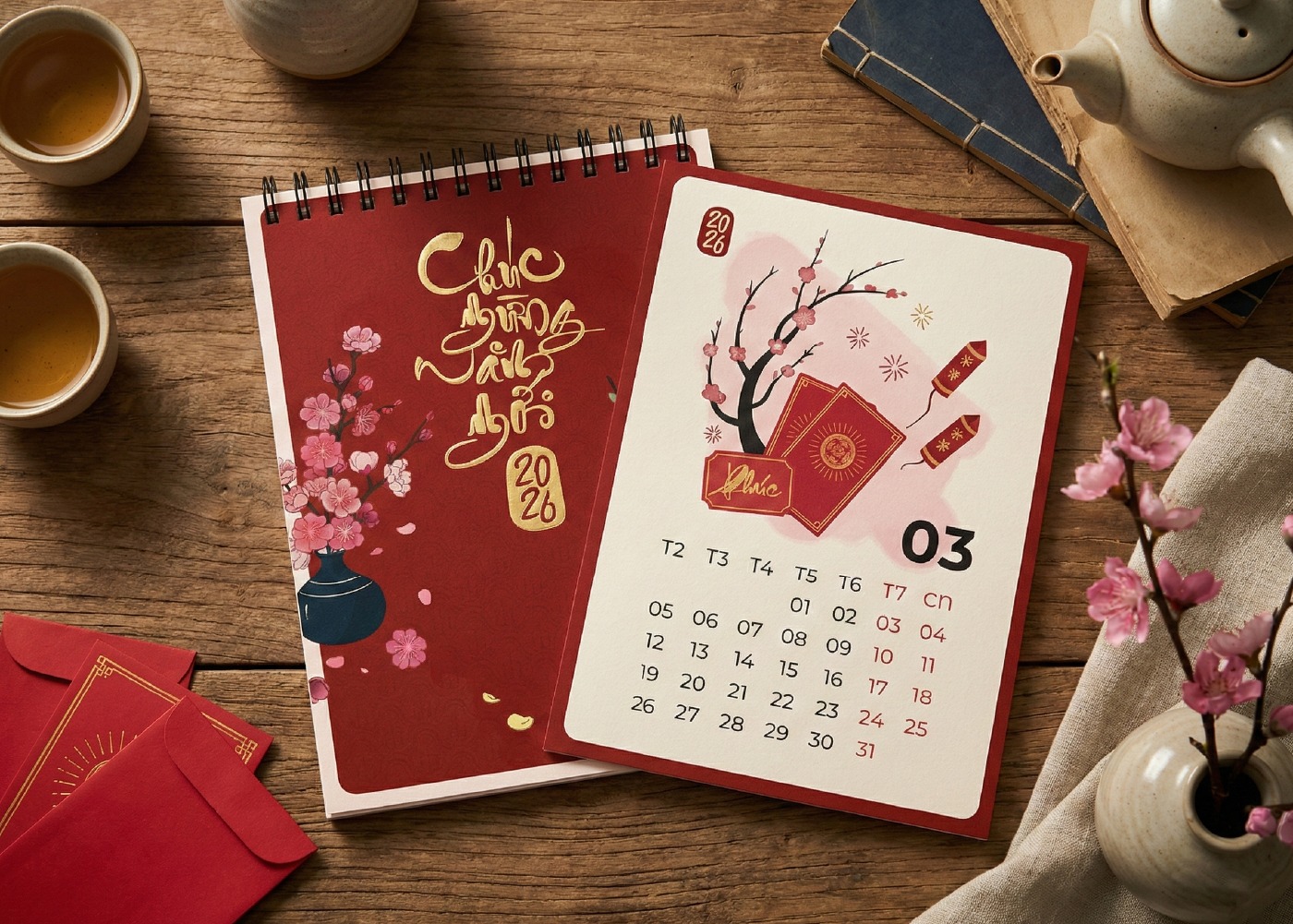 Vietnamese Lunar New Year Desk Calendar Traditional Tet Illustration Set Image 9