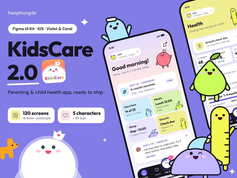 KidsCare 2.0 – Parenting & Child Health App UI Kit - Mobile design asset by UI8