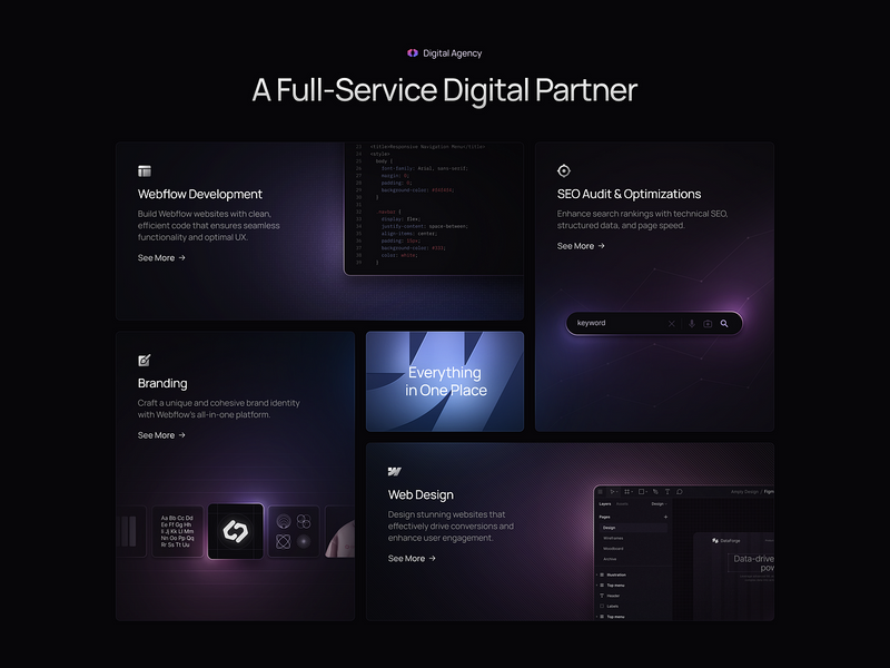 Dark bento service grid for an agency