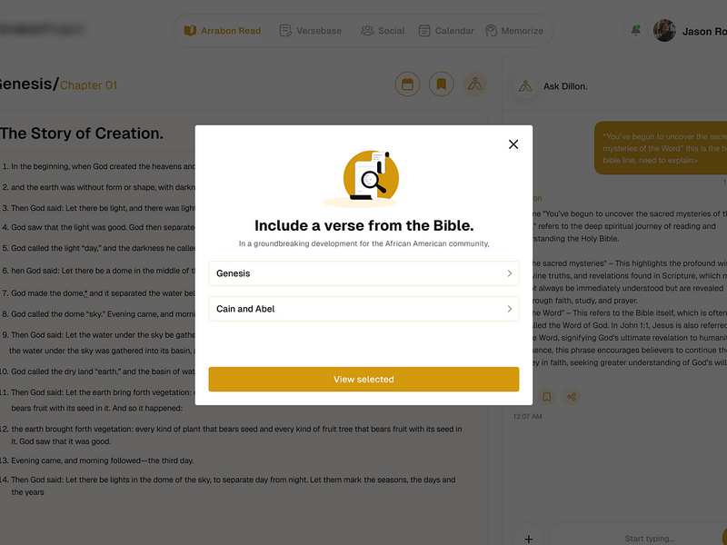 Bible App — Verse Selection Modal