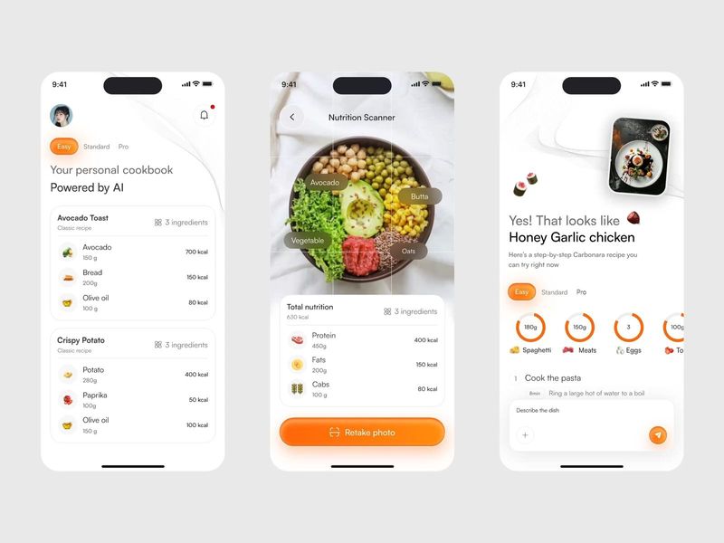 AI Food Scanner App UI — Nutrition Analysis & Smart Recipes (iOS Design)