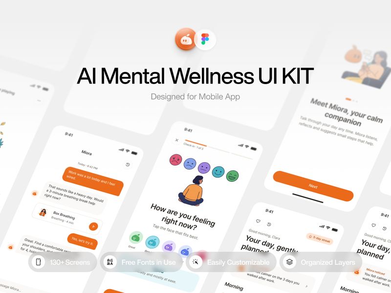 Miora – AI Mental Wellness Mobile App UI Kit (Dark & Light) - Mobile design asset by UI8