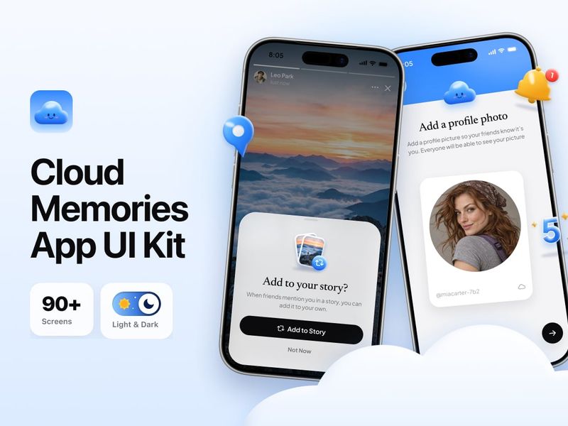 Cloud - Memories & Recommendation App UI Kit - Mobile design asset by UI8