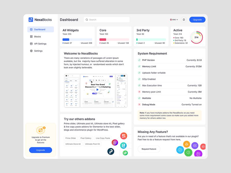 NexaBlocks Dashboard Plugin Management & System Overview