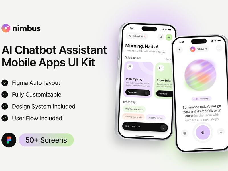 Nimbus AI Chatbot Assistant Mobile App UI Kit - Mobile design asset by UI8