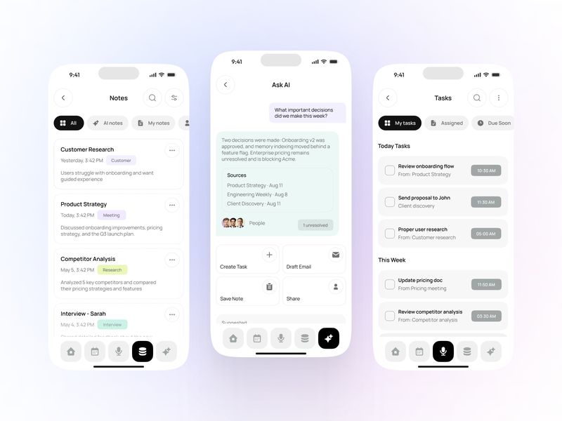 AI Meeting Assistant App UI/UX Design – Notes Tasks & Voice AI
